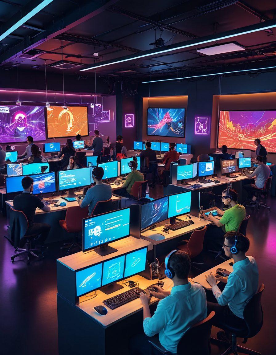 A lively scene showcasing diverse individuals enthusiastically engaging with the latest tech gadgets, surrounded by futuristic devices, holographic displays, and vibrant code flowing around them. Incorporate playful elements like retro gaming consoles, sleek laptops, and colorful VR headsets, set in a modern co-working space. The atmosphere should exude excitement and creativity, highlighting the essence of geek culture. vibrant colors. digital art.