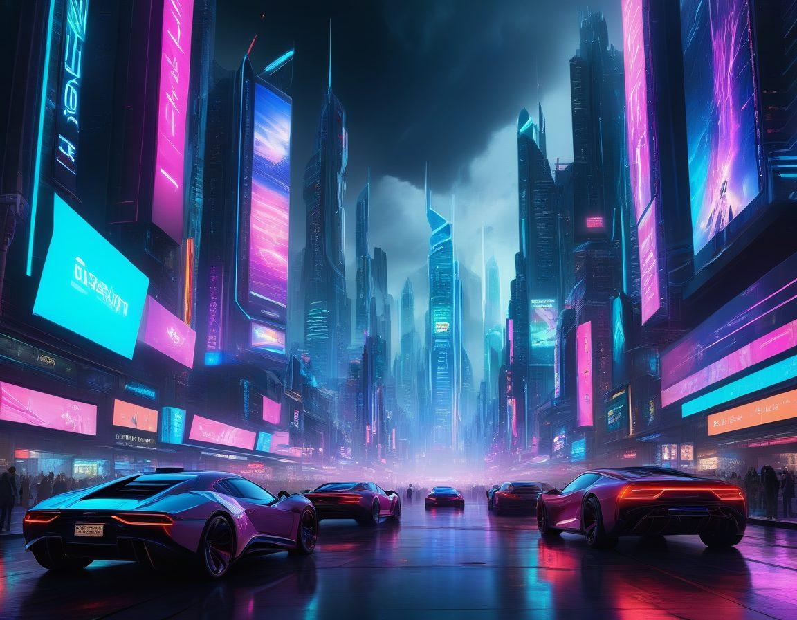 A futuristic city skyline representing technological advancement, with flying cars and digital billboards showcasing tech trends. In the foreground, a group of diverse people engaged in discussions, surrounded by holographic displays of data and innovations. The atmosphere is vibrant with neon lights and sleek designs, illustrating the fast-paced evolution of the tech world. super-realistic. vibrant colors. cyberpunk.