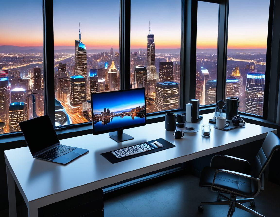 A modern workspace filled with various gadgets and gizmos, such as the latest smartphones, smartwatches, and futuristic tech devices. Include a coffee cup on a sleek desk, with subtle reflections of the gadgets on the surface. The background should showcase a high-tech city skyline through a window, hinting at innovation. Use vibrant colors to convey energy and excitement. super-realistic. vibrant colors. 3D.